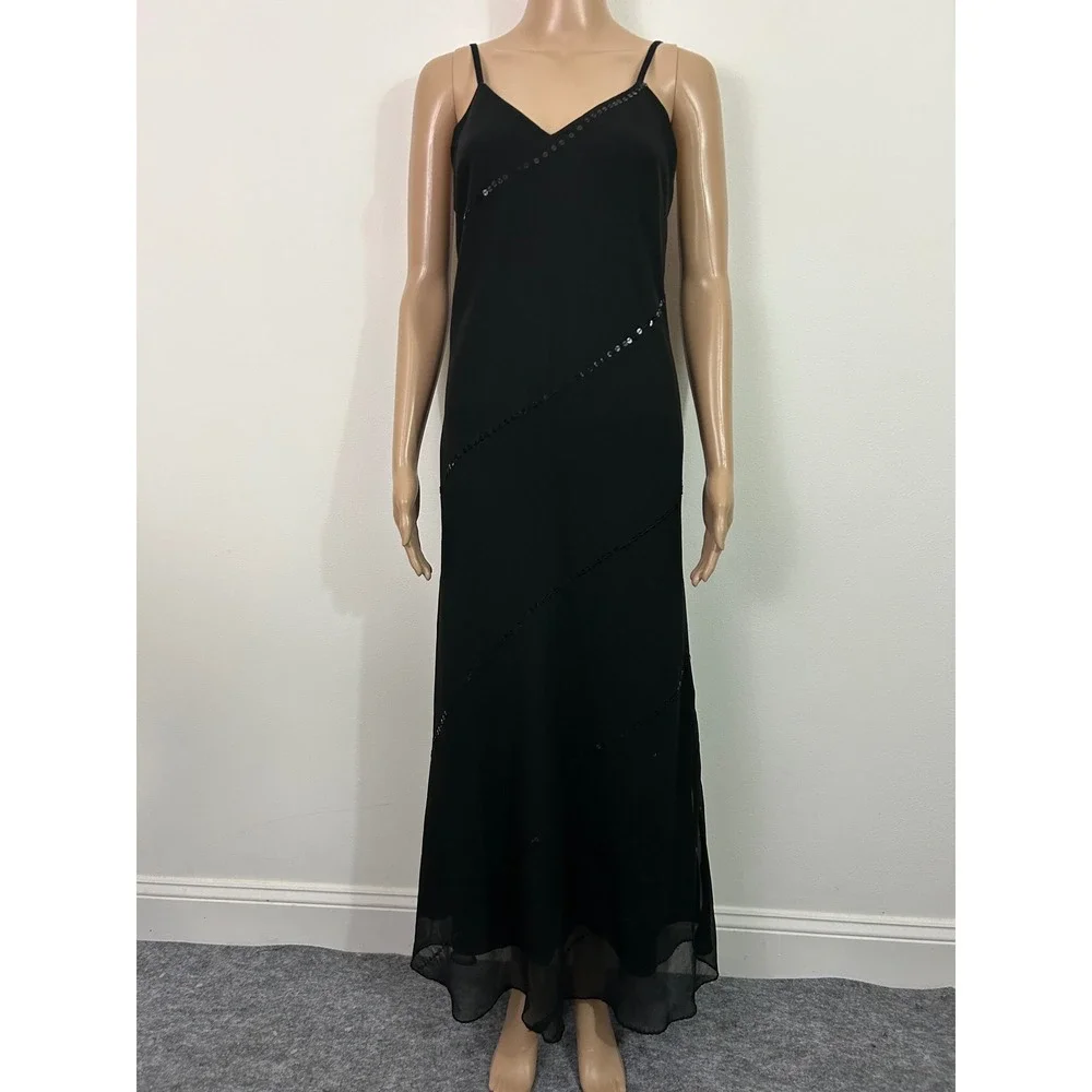 Vintage Hokus Pokus Black Sequin Maxi Dress V-Neck Low‎ Back Spaghetti Strap S